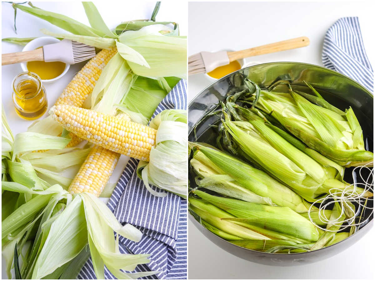 process shots for making grilled corn on the cob by removing the silk from the corn, replacing the husks, and soaking in water