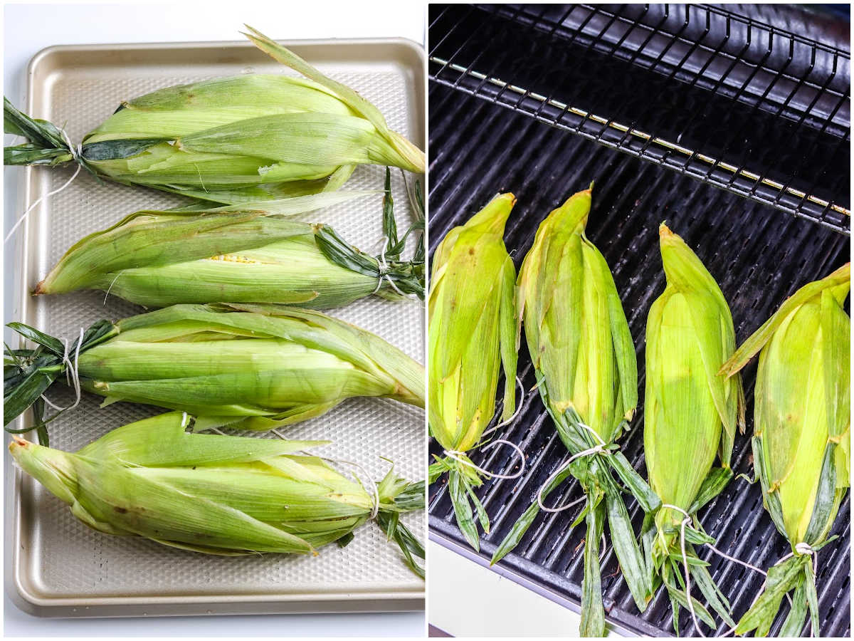 process shots for making grilled corn on the cob by tying the husks with twine and then setting the corn on the grill to cook