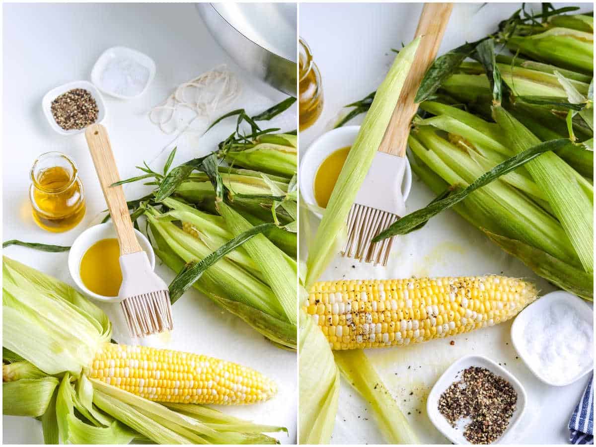 process shots for making grilled corn on the cob by brushing with olive oil and then seasoning with salt and pepper