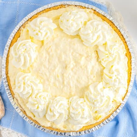 A close up overhead picture of the finished N0-Bake Pineapple Cream Cheese Pie.