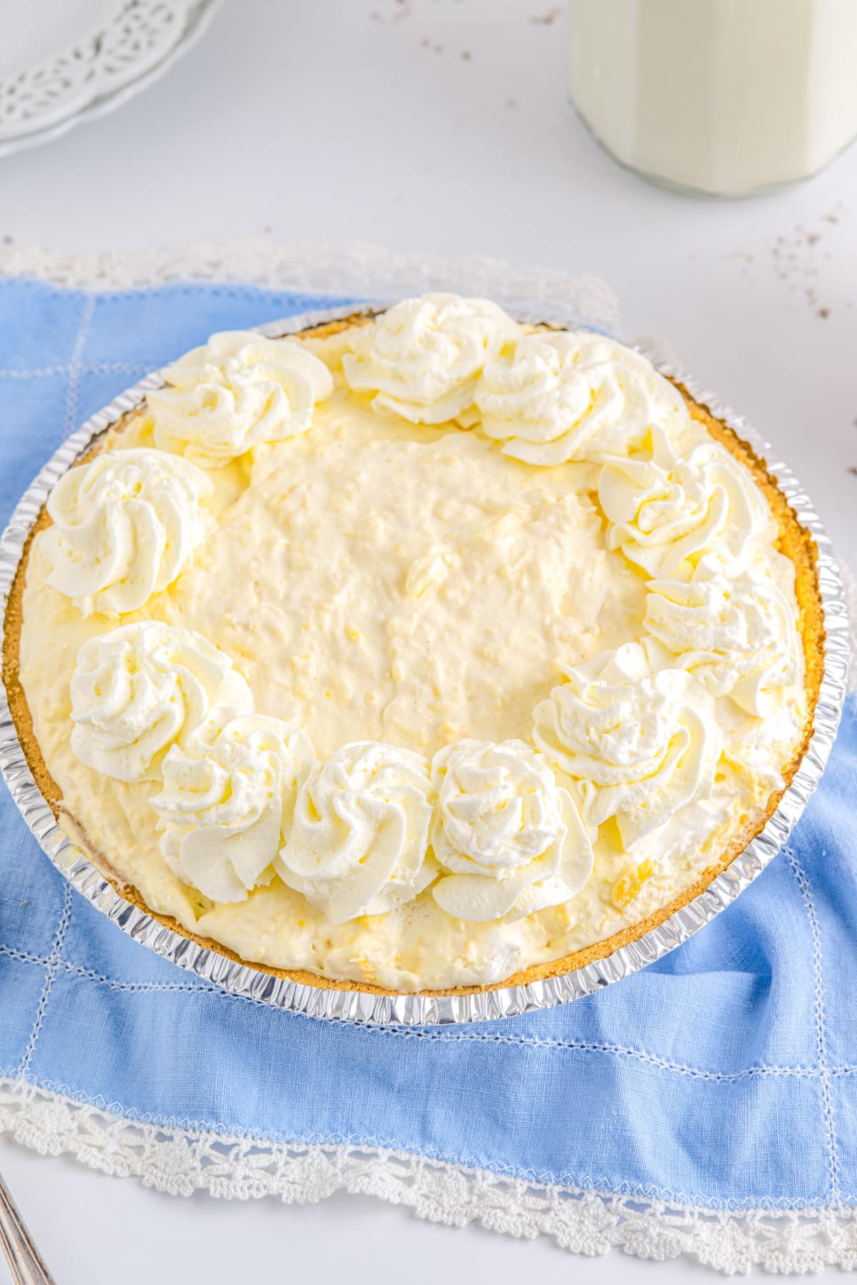 An overhead picture of the finished Pineapple Cream Cheese Pie. 