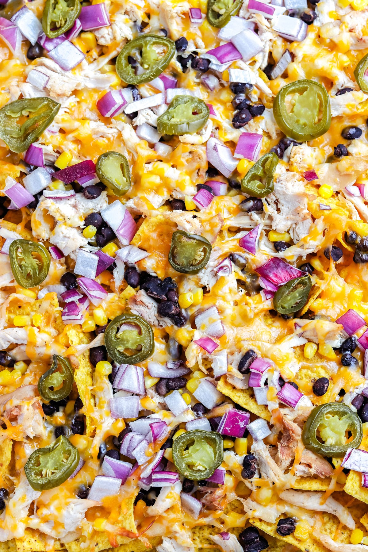 A close up picture of the finished Smoked Chicken Nachos on a sheet pan.