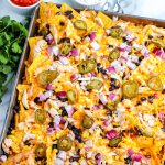The finished Smoked Nachos on a sheet pan.