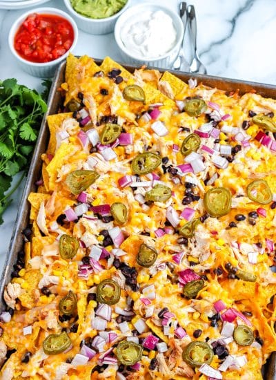 The finished Smoked Nachos on a sheet pan.