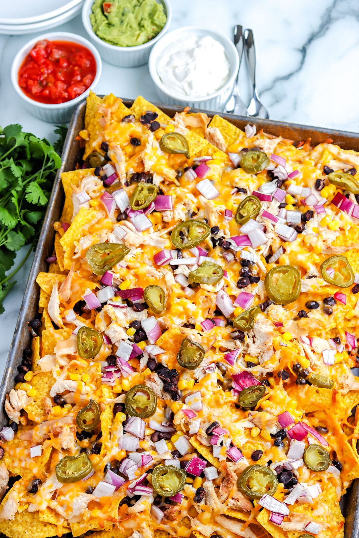 The finished Smoked Nachos on a sheet pan. 