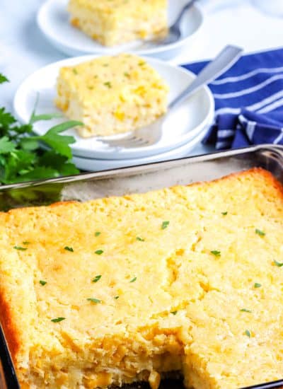 A close up picture of the interior of the Corn Casserole so you can see the texture of the casserole.