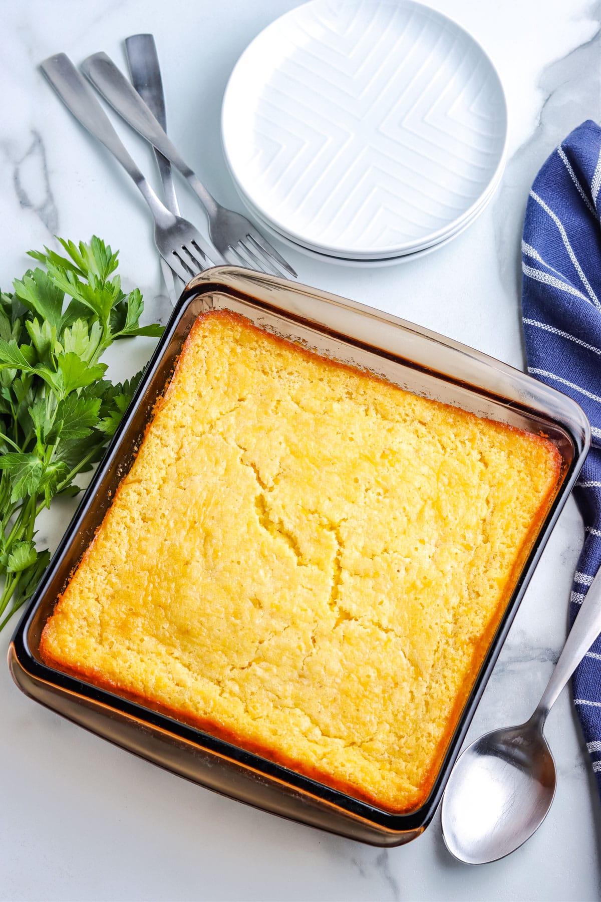 An overhead picture of the finished Corn Casserole.
