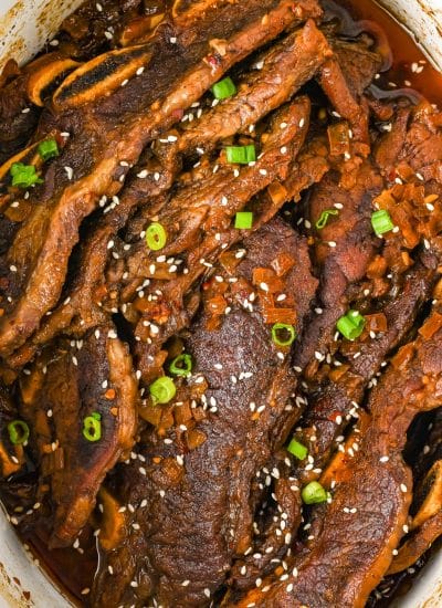 A close up picture of the finished Korean Short Ribs in a Crockpot.