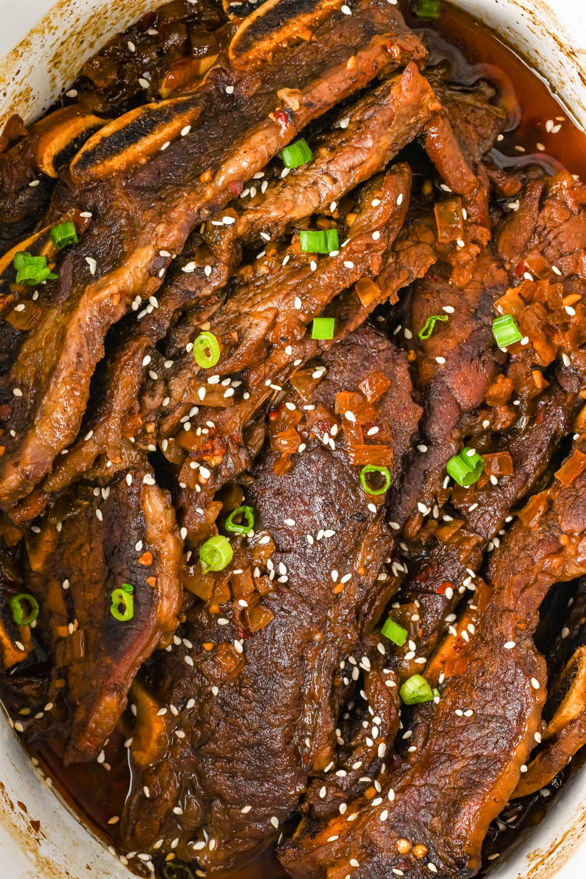A close up picture of the finished Korean Short Ribs in a Crockpot.