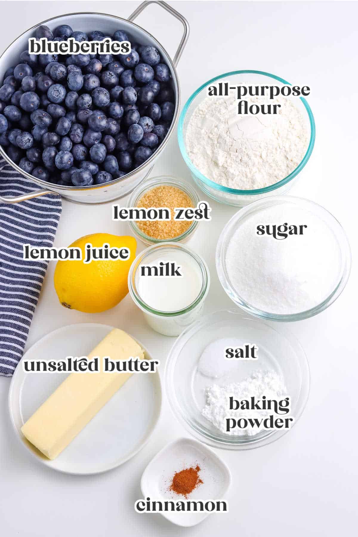 ingredients for making blueberry cobbler with text overlay