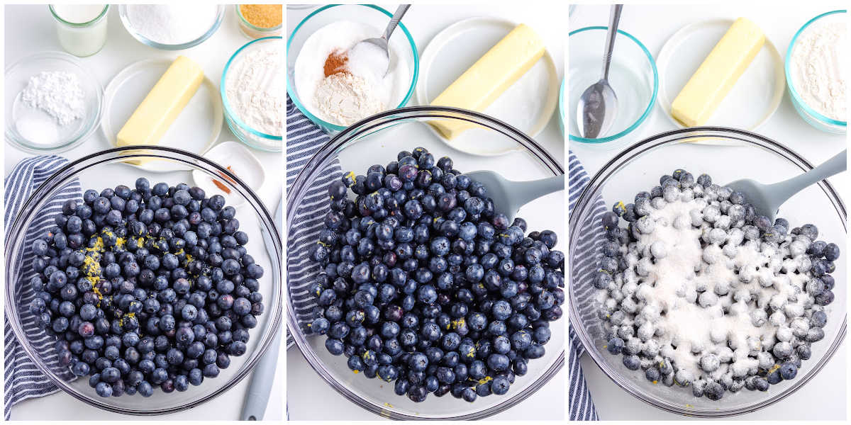 process shots for making a blueberry cobbler by rinsing the blueberries, adding the lemon juice, lemon zest and sugar