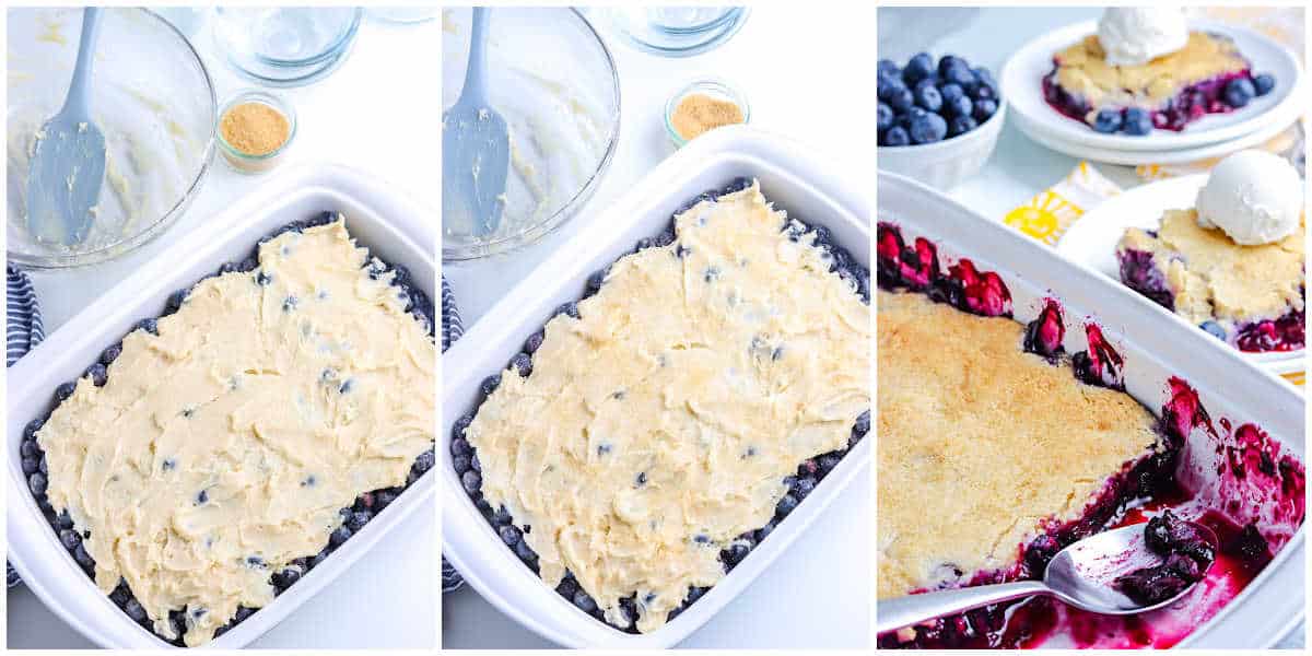 process shots for making blueberry cobbler by spreading the topping over the blueberries, baking the cobbler, and serving with ice cream