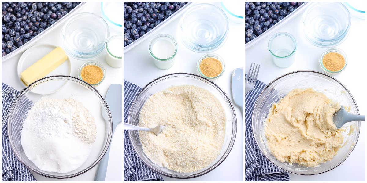 process shots for making blueberry cobbler my adding the cobbler ingredients to a bowl, cutting in the butter, adding the milk and mixing