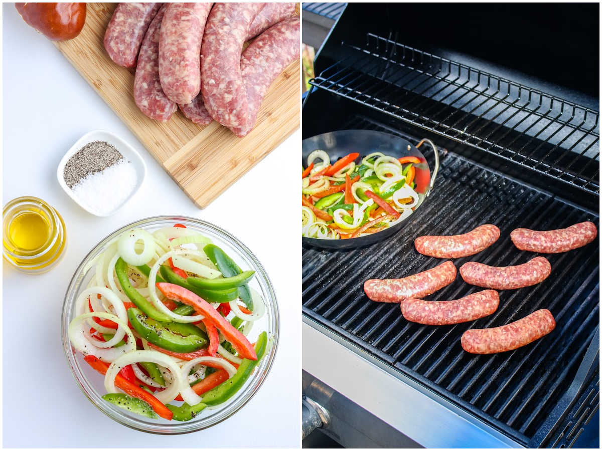 a collage showing how to make brats on a gas grill by seasoning the veggies and putting the veggies and brats on the grill grates