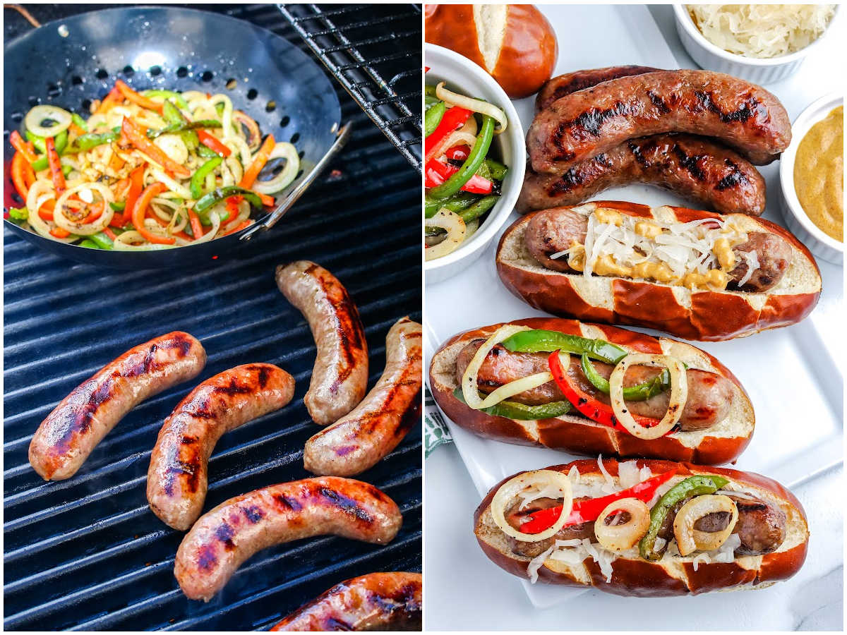 a collage showing how to make grilled brats by flipping the brats and adding toppings for servings