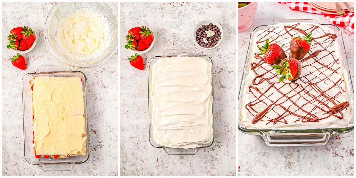 a collage showing how to make strawberry icebox cake by adding the additional layers and adding the garnishes before serving