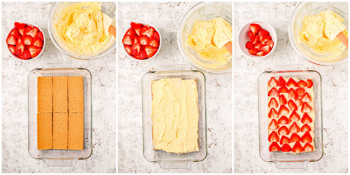 a collage showing how to make the strawberry icebox cake by layering the graham crackers, spreading the cream cheese filling, and then the strawberry slices