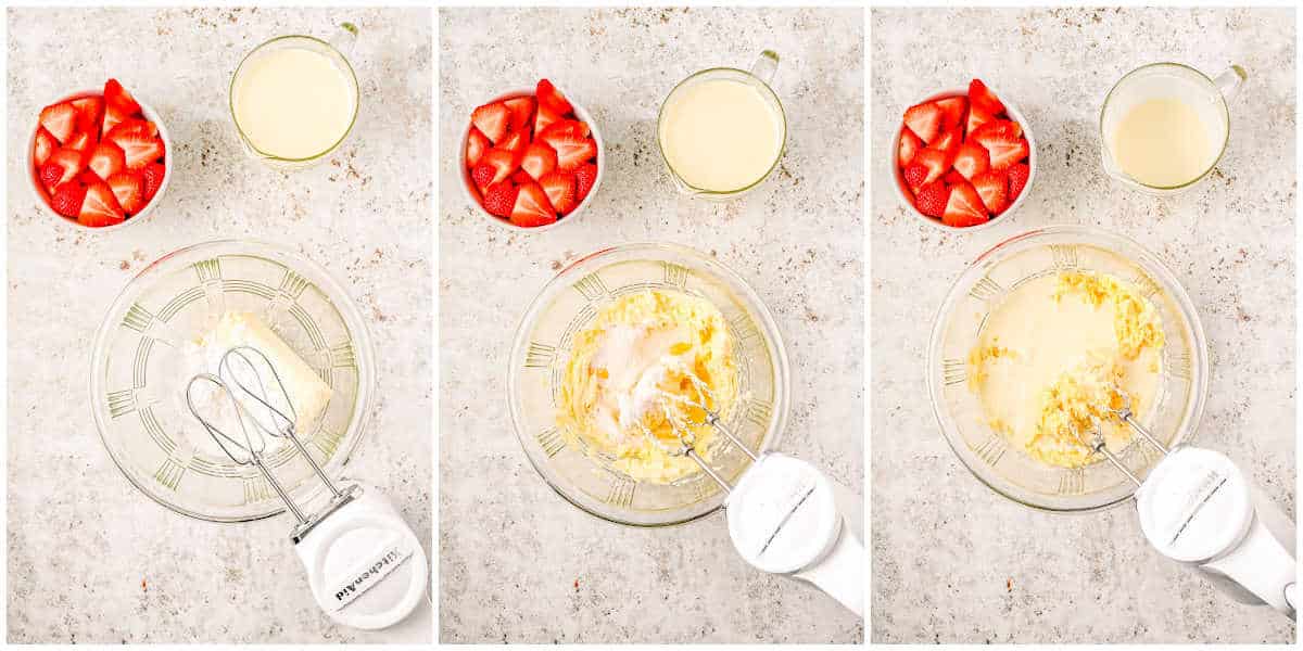 a collage showing how to make a strawberry icebox cake by beating the cream cheese and powdered sugar, and adding in the heavy cream and other filling ingredients