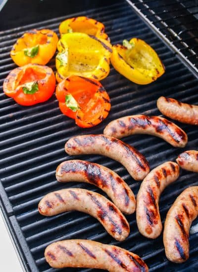 The finished Italian sausage and bell peppers on the grill.