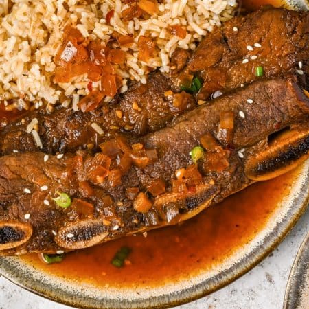 A close up picture of the finished Korean Short Ribs recipe.