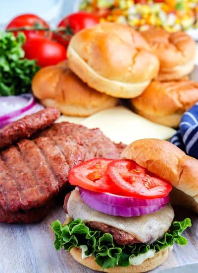 The finished Smoked Turkey Burgers on a serving platter.