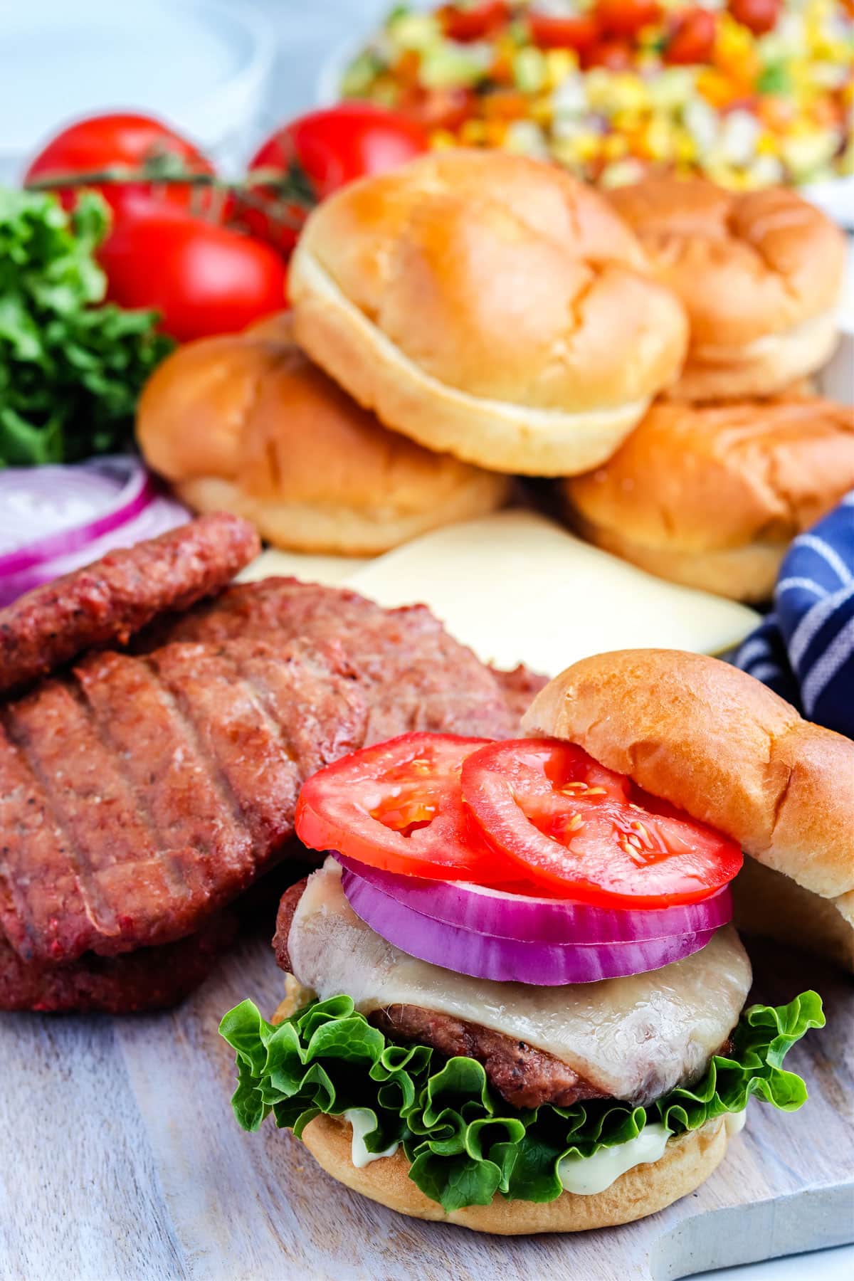 The finished Smoked Turkey Burgers on a serving platter.