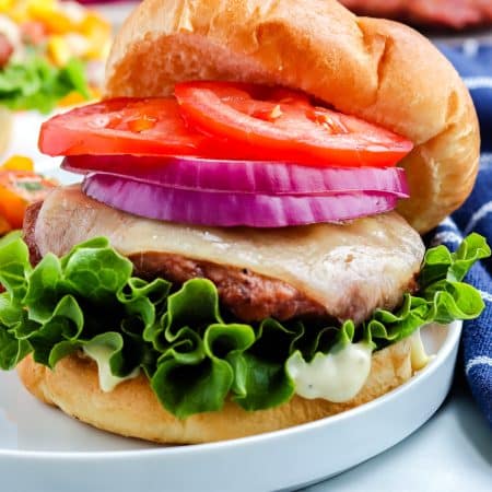 A close up picture of a Turkey Burger on a white plate.