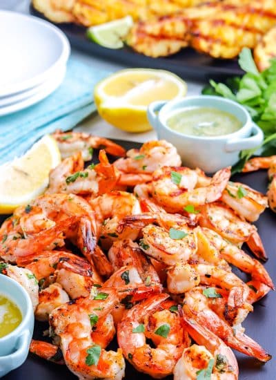 The finished Grilled Shrimp on a platter.