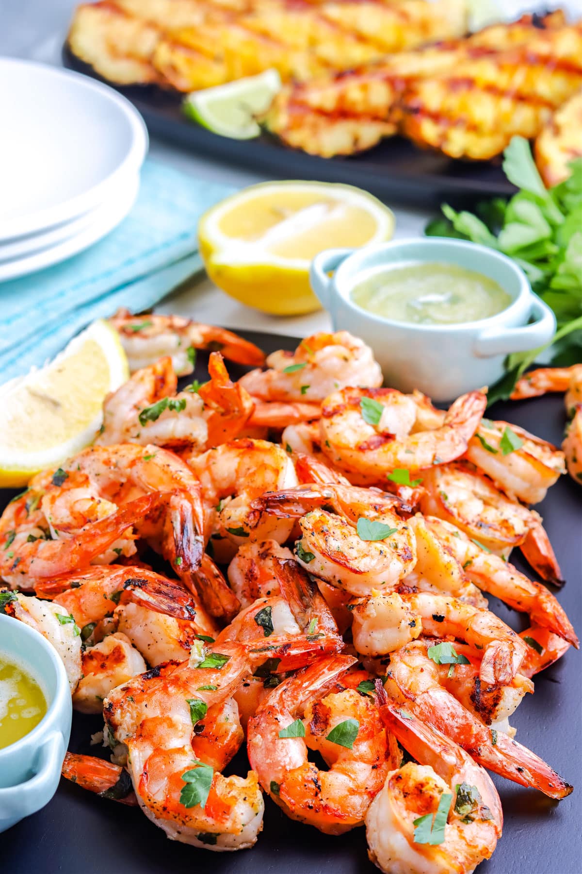 The finished Grilled Shrimp on a platter. 