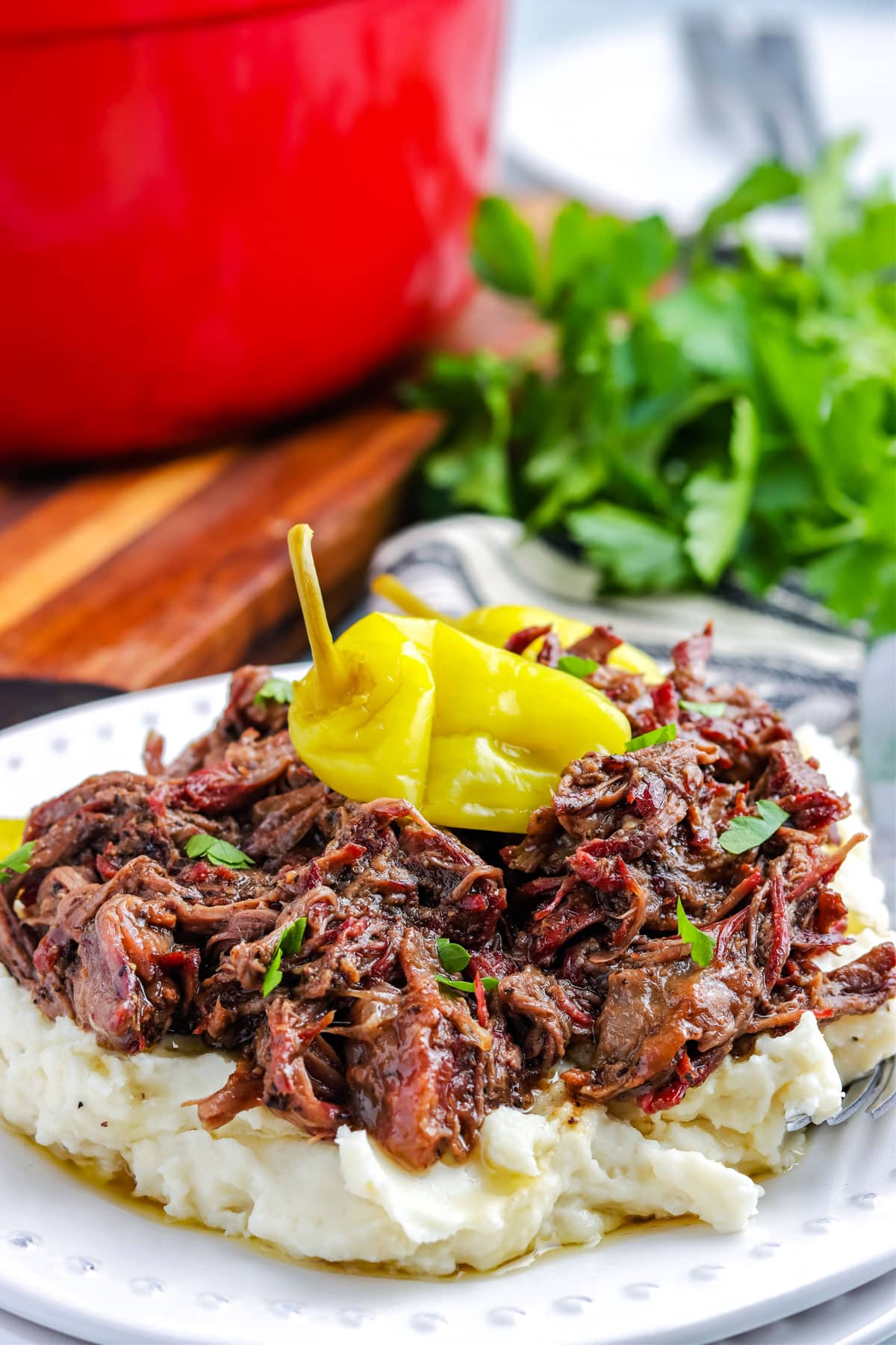 Smoked Mississippi Pot Roast served over mashed potatoes. 