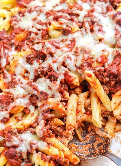 A spoon in the finished Baked Penne ready to be served.