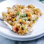 Chicken Stuffing Casserole on a plate with a fork.