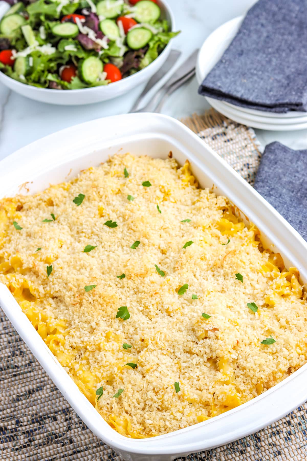 The finished Chicken Cordon Bleu Casserole Recipe in a white dish.