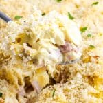 A close up of a spoon picking up some of this Chicken Cordon Bleu Pasta Casserole