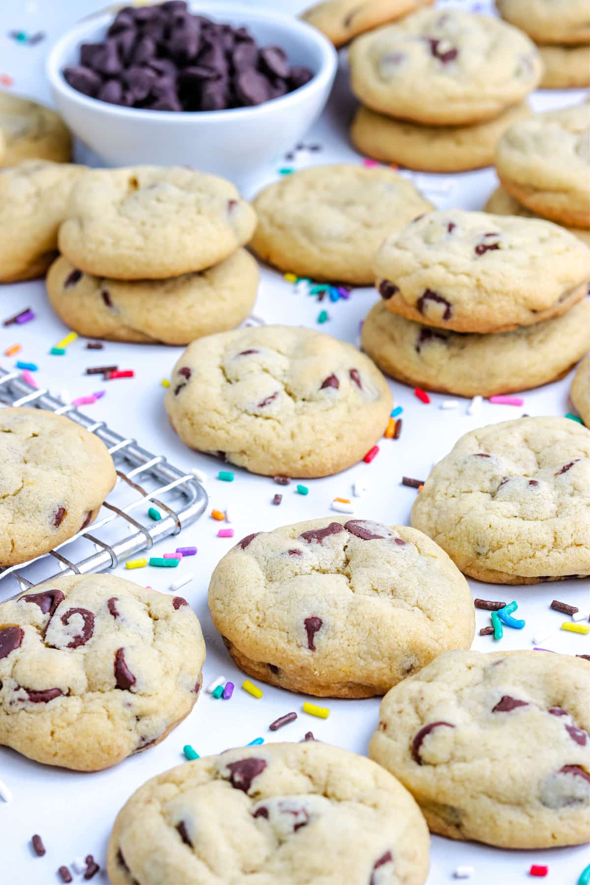 Chocolate Chip Pudding Cookies on a wire rack.