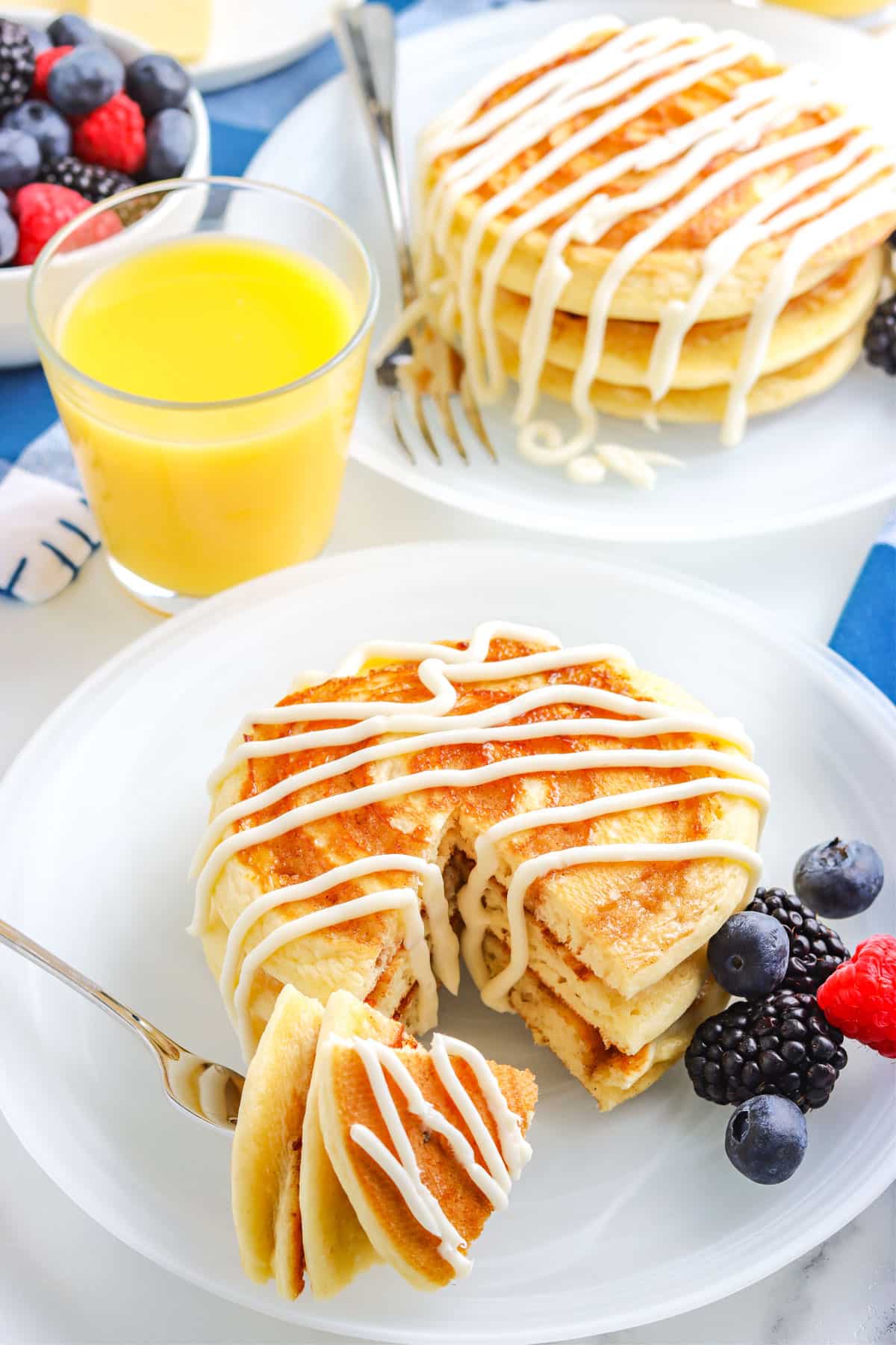 The Cinnamon Roll Pancakes cut into so you can se the interior of the pancakes. 