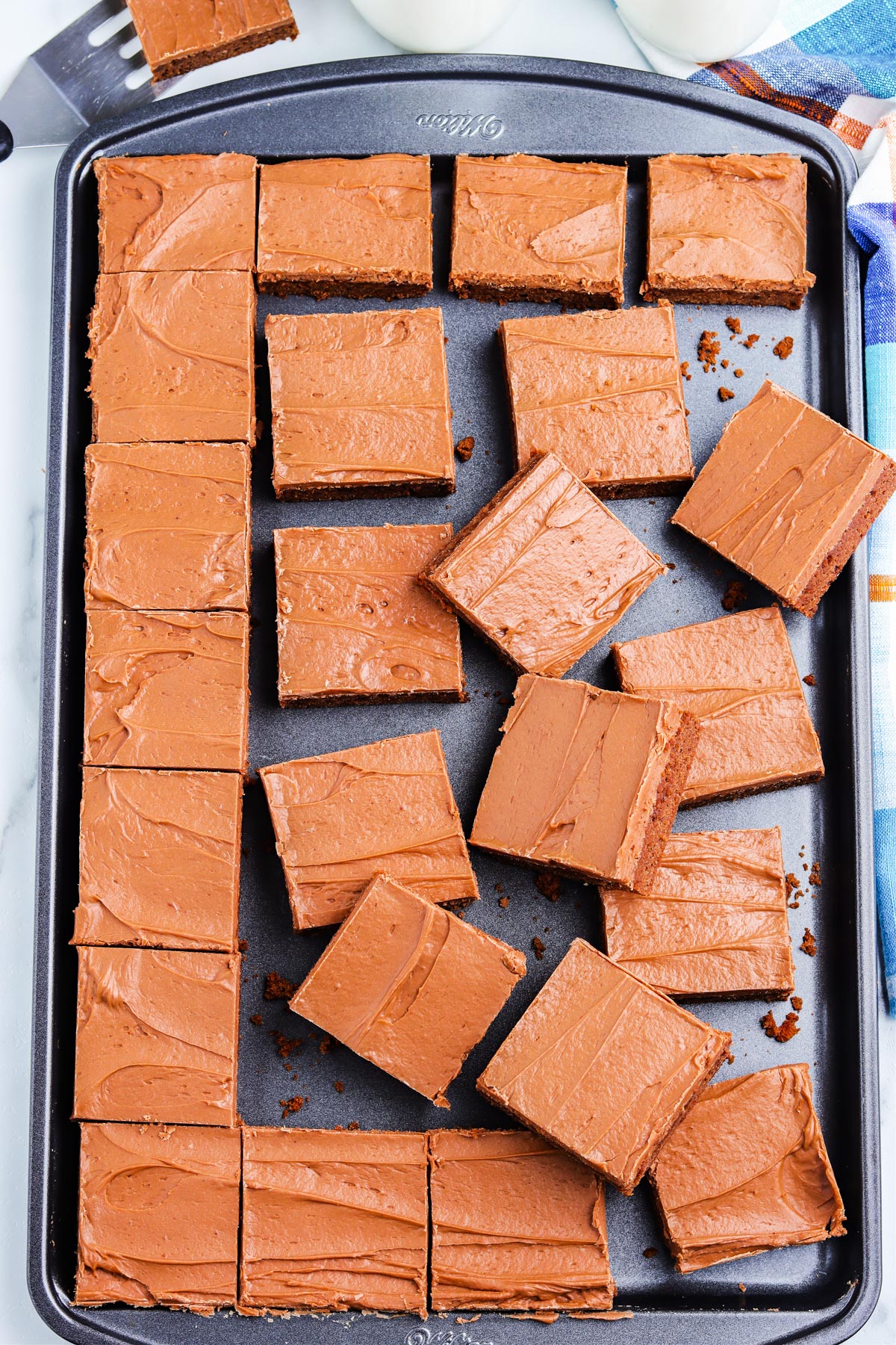 A pan full of cut Lunch Lady Brownies.