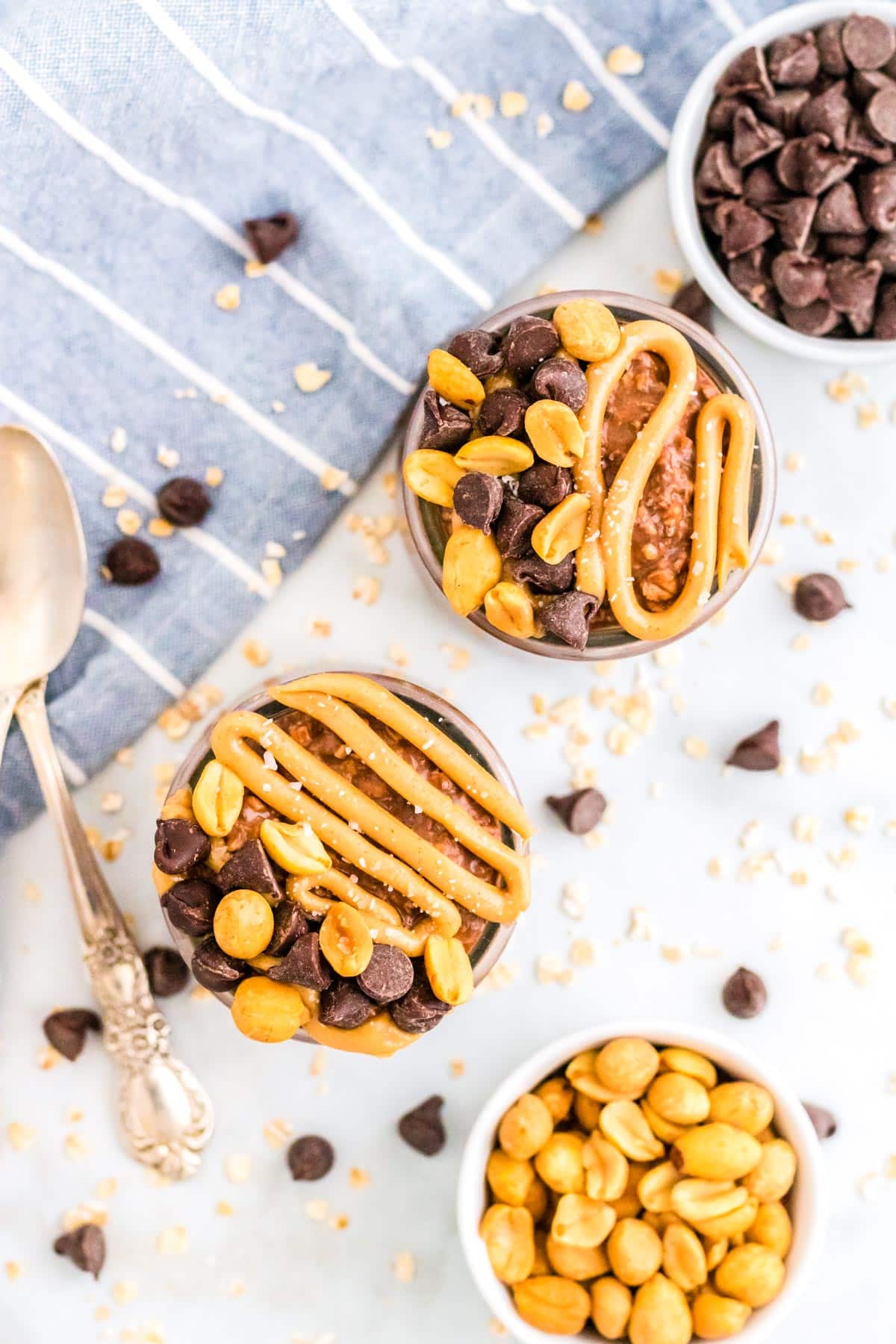 An overhead picture of the finished Peanut Butter Chocolate Overnight Oats on a table.