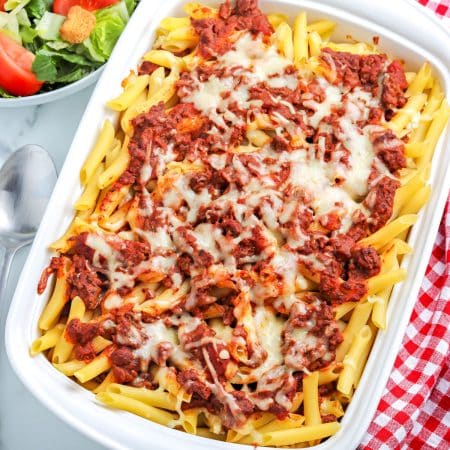 The finished Penne Pasta Bake in a casserole dish.