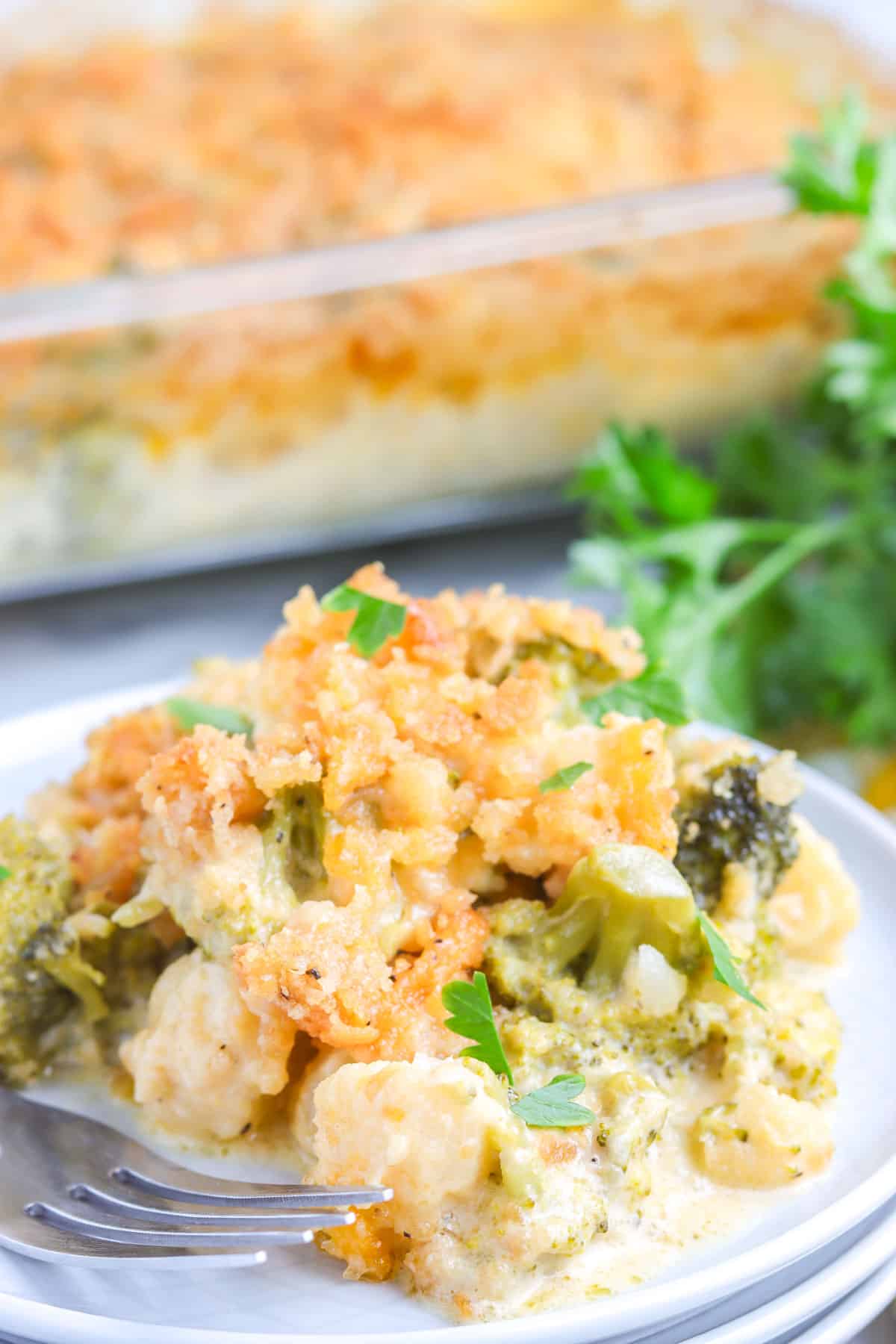 Cauliflower Broccoli Casserole on a white plate.