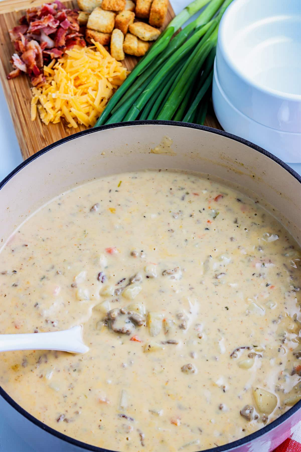 The finished Cheeseburger Soup in a a large pot. 