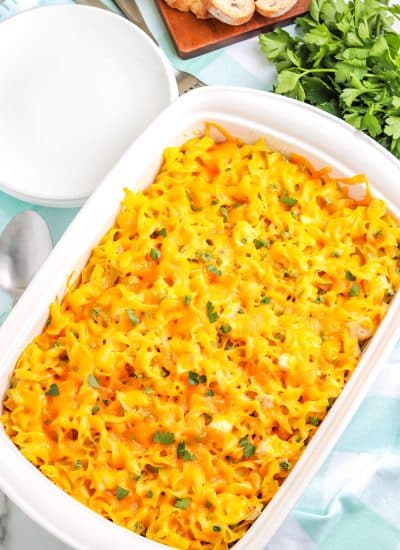 An overhead picture of the finished Chicken Noodle Casserole.