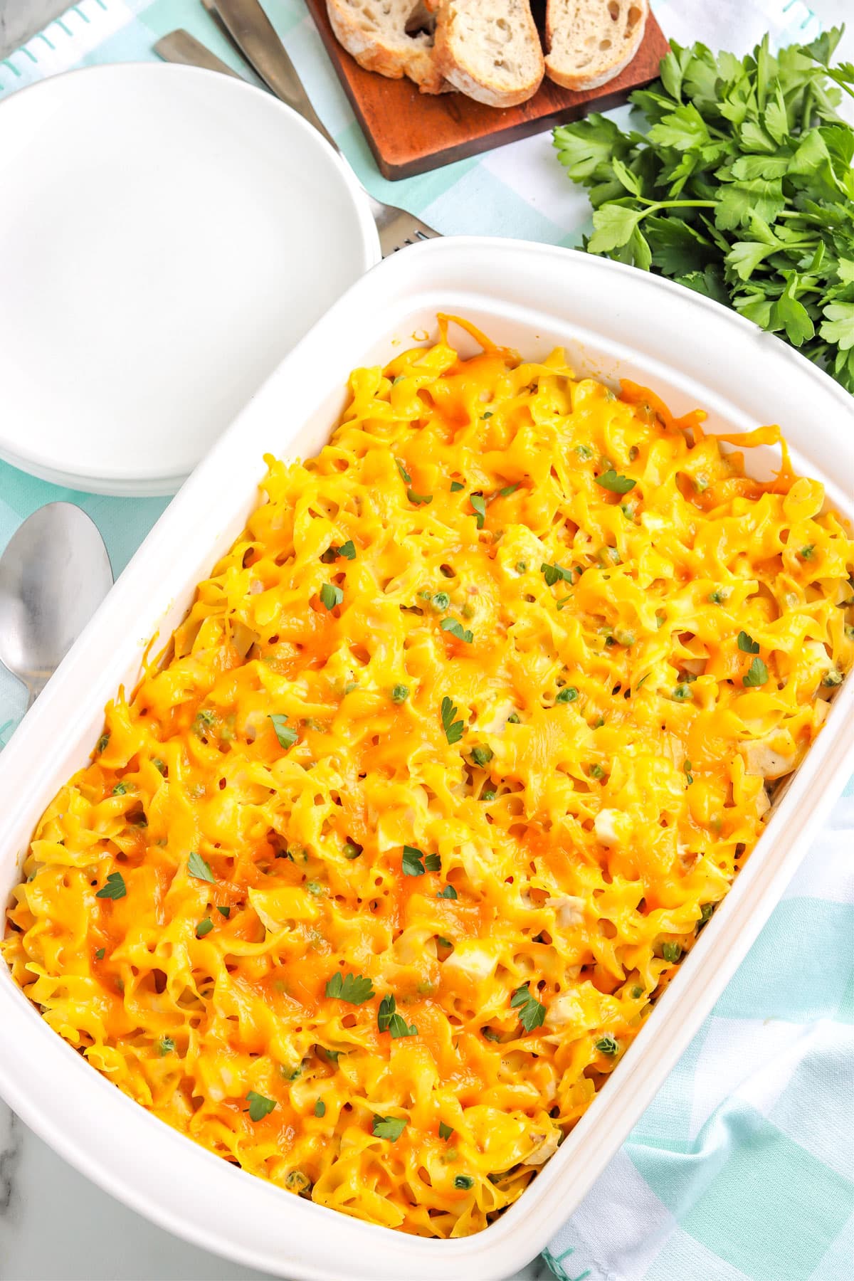 An overhead picture of the finished Chicken Noodle Casserole. 