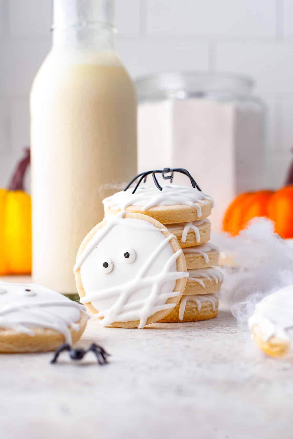 Halloween Mummy Cookies stacked on each other.