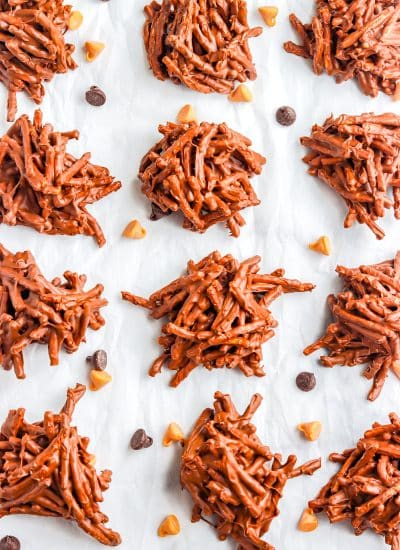 A close up of the finished Haystack Cookies on parchment paper.