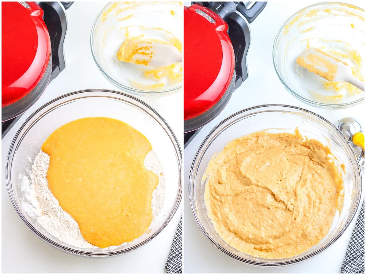 a collage showing how to make pumpkin pancakes with one picture showing a bowl of adding the wet ingredients to the dry ingredients and the other picture showing the ingredients mixed together