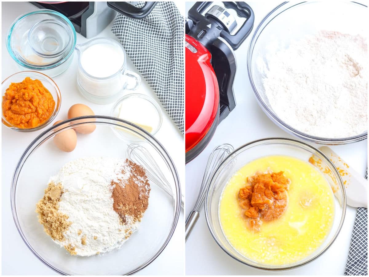a collage showing how to make pumpkin waffles by mixing the dry ingredients and in the second mixture mixing the wet ingredients