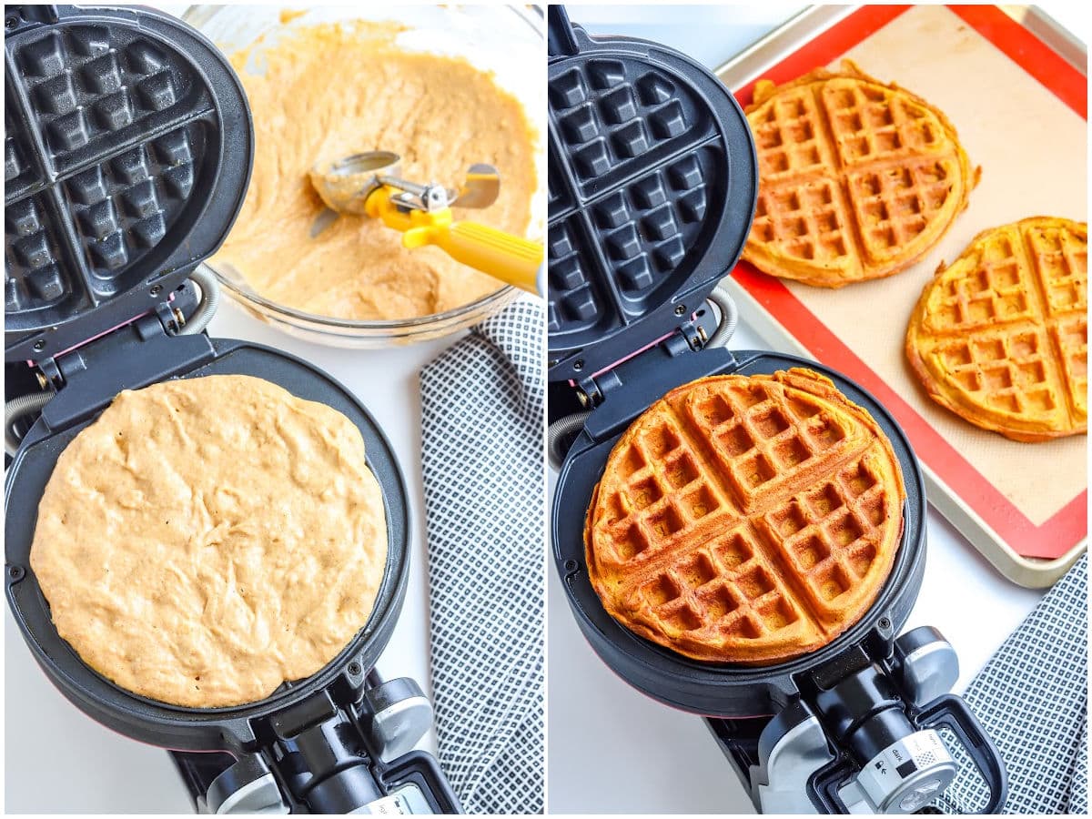 a collage showing how to make pumpkin waffles by pouring the batter in the waffle maker and cooking the waffles