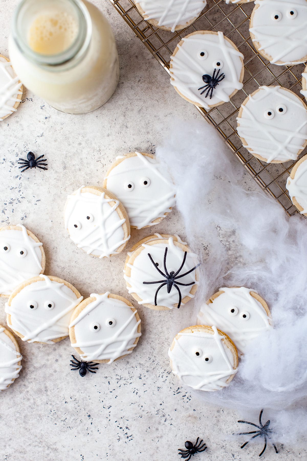 An overhead picture of the finished Mummy Cookies on a counter. 