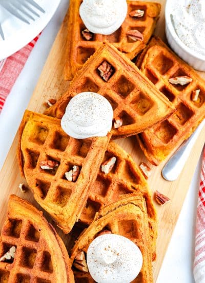 An overhead picture of a platter of Pumpkin Waffles.